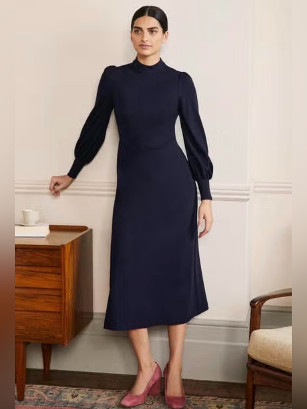 Boden Navy Blue Puff Sleeve Midi Dress Size 18/20 High Neck A Line